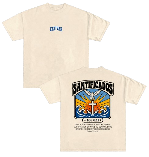 Frente e costas da camiseta oficial Santificados 2026